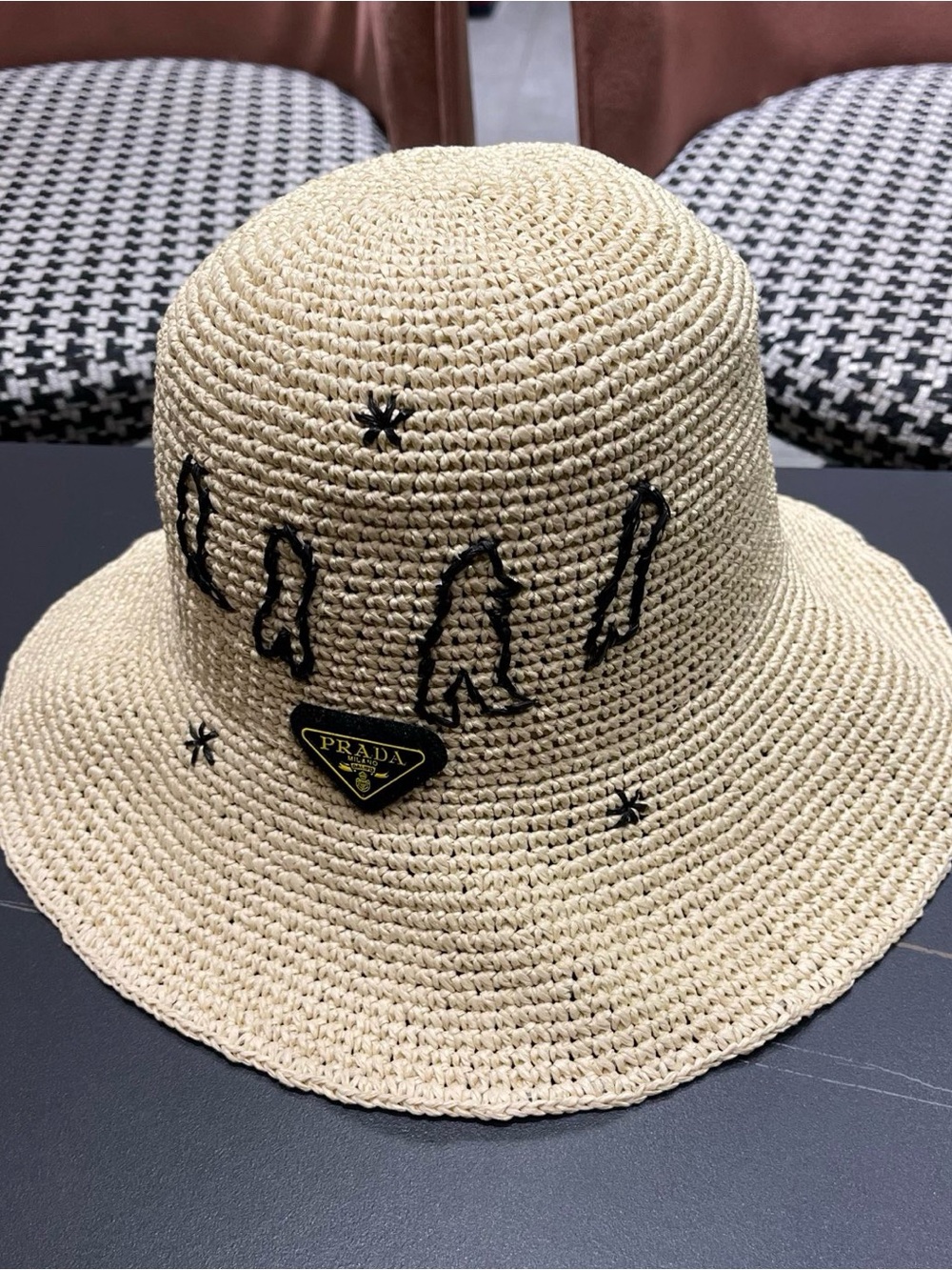 Prada Kids Straw Bucket Hat in Natural with Black Embroidery